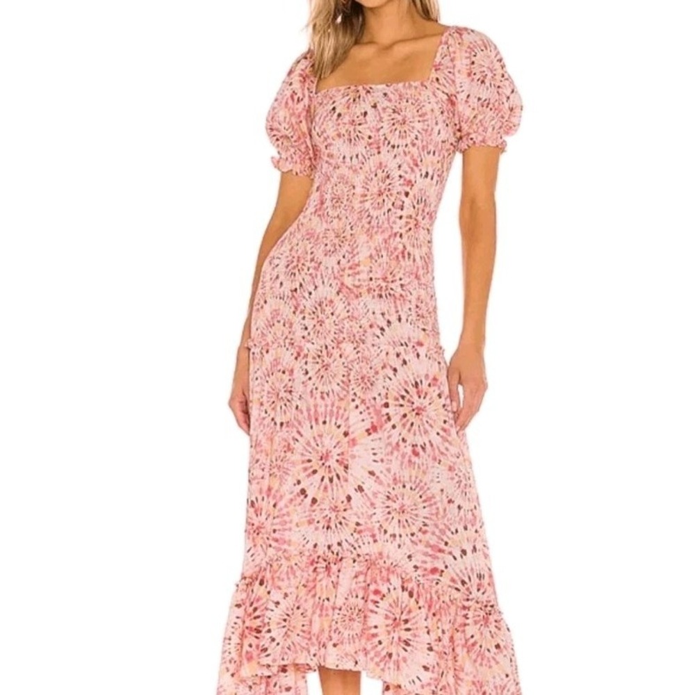 Misa Sunburst Dress Medium Pink Tie Dye Smocked Puff Sleeve Ruffle Midi Dress